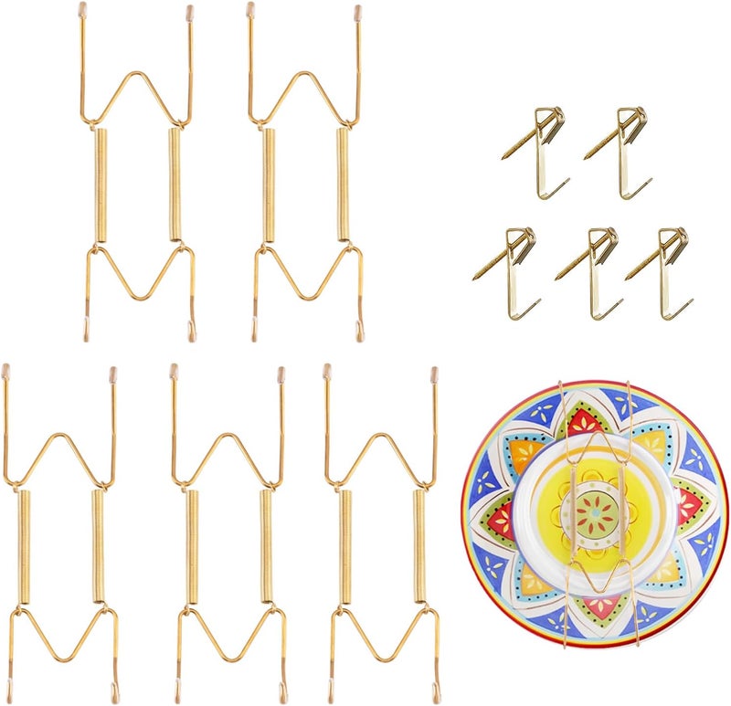 Litray 5 Pieces Plate Hangers for The Wall Suitable for 6-8 Inch Decorative Plate adjustable and stretchable,with Metal Hooks for Wall Displaying Plates Decorative & Arts(Gold) - Image 1